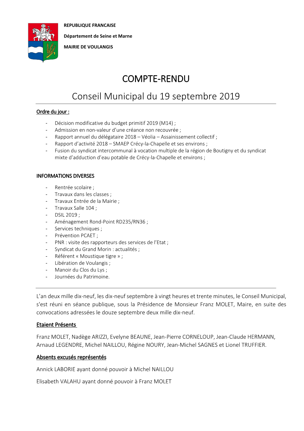 COMPTE-RENDU Conseil Municipal Du 19 Septembre 2019