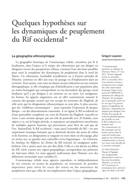 Quelques Hypothèses Sur Les Dynamiques De Peuplement Du Rif Occidental *