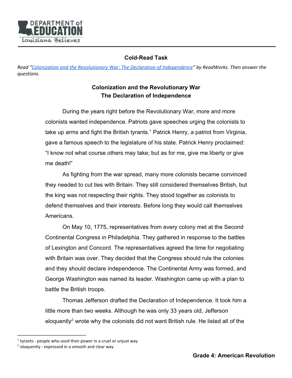 Cold-Read Task Colonization and the Revolutionary War the Declaration