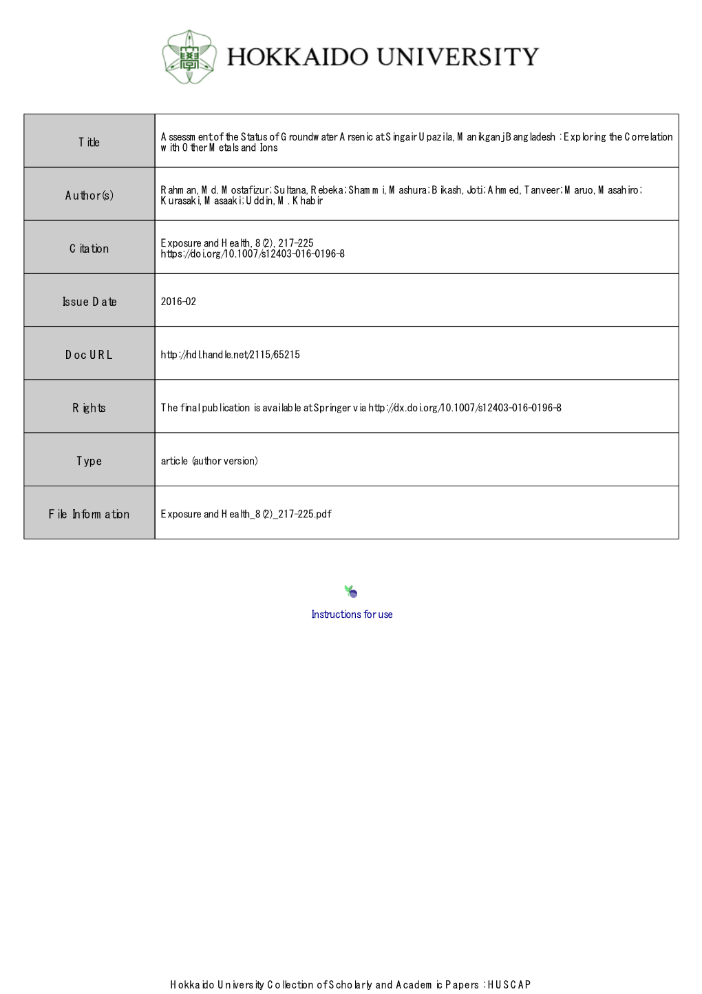 Assessment of the Status of Groundwater Arsenic at Singair Upazila, Manikganj Bangladesh : Exploring the Correlation Title with Other Metals and Ions