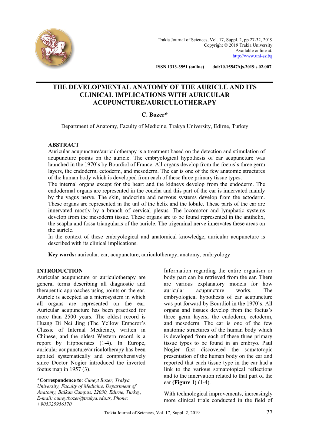 The Developmental Anatomy of the Auricle and Its Clinical Implications with Auricular Acupuncture/Auriculotherapy