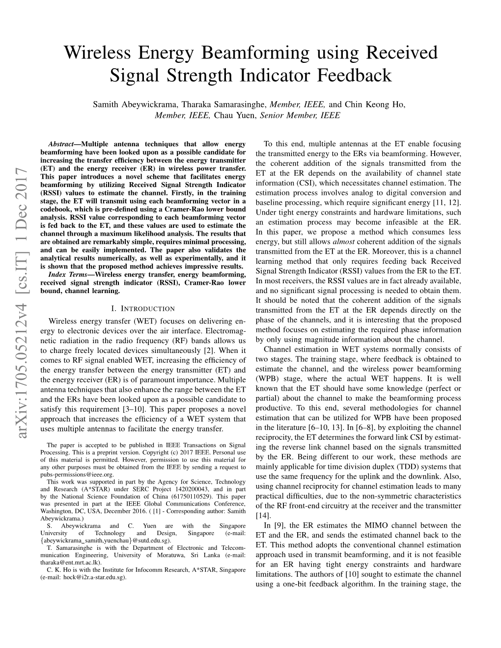 Wireless Energy Beamforming Using Received Signal Strength Indicator