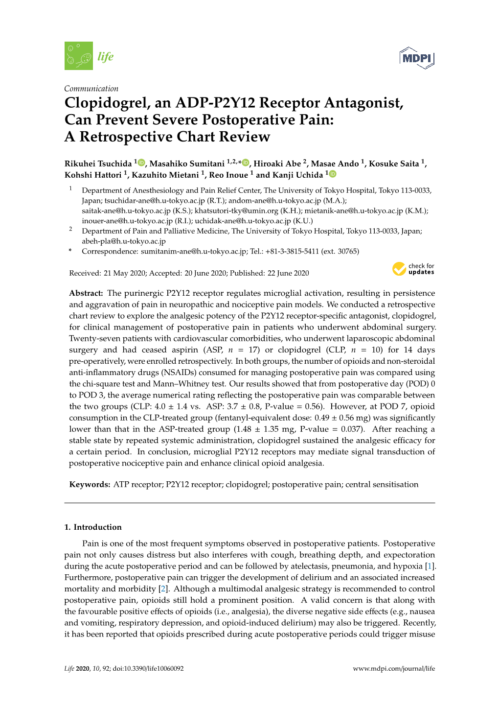 Clopidogrel, an ADP-P2Y12 Receptor Antagonist, Can Prevent Severe Postoperative Pain: a Retrospective Chart Review