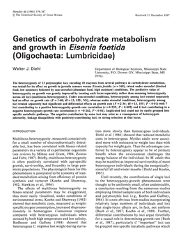 Genetics of Carbohydrate Metabolism and Growth in Eisenia Foetida (Oligochaeta: Lumbricidae)