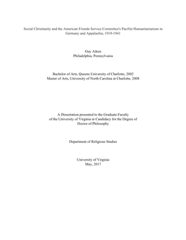 Social Christianity and the American Friends Service Committee's Pacifist Humanitarianism in Germany and Appalachia, 1919-1941