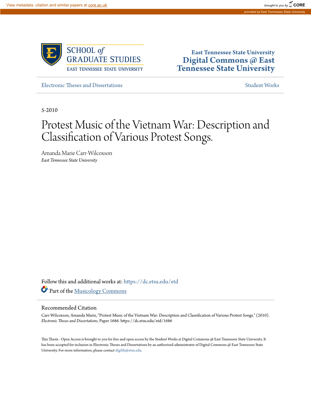 Protest Music of the Vietnam War: Description and Classification of Various Protest Songs