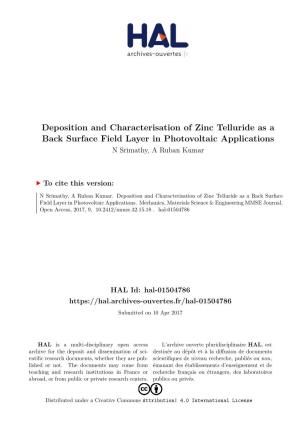 Deposition and Characterisation of Zinc Telluride As a Back Surface Field Layer in Photovoltaic Applications N Srimathy, a Ruban Kumar