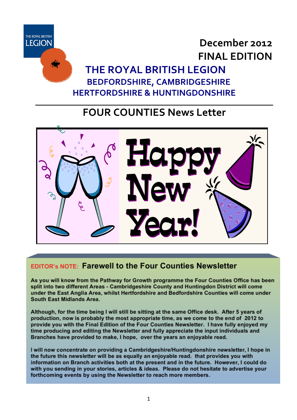 December 2012 FINAL EDITION the ROYAL BRITISH LEGION FOUR COUNTIES News Letter