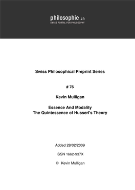 Kevin Mulligan Essence and Modality the Quintessence of Husserl's Theory