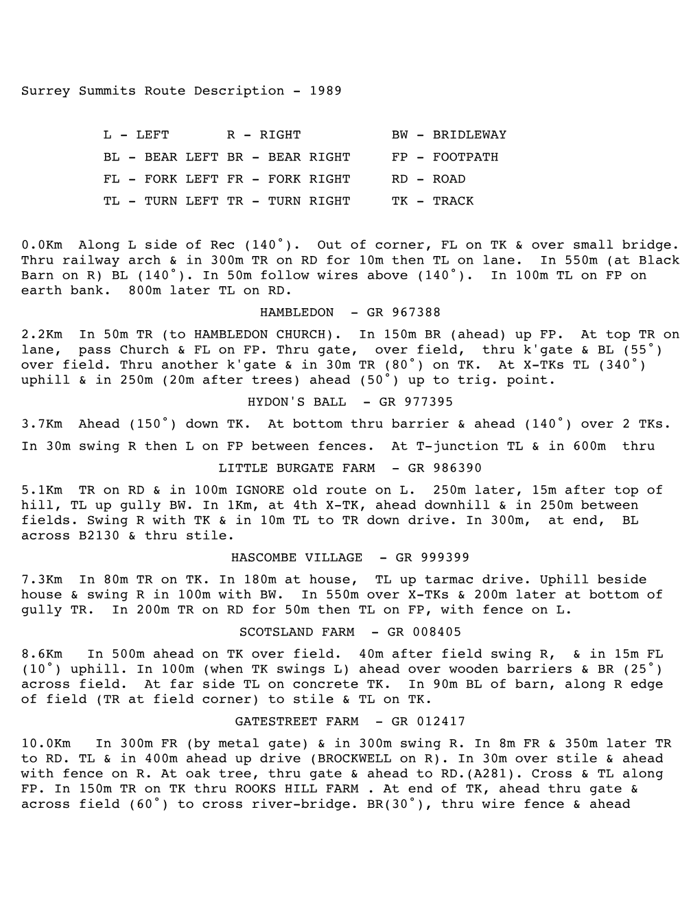 Surrey Summits Route Description - 1989