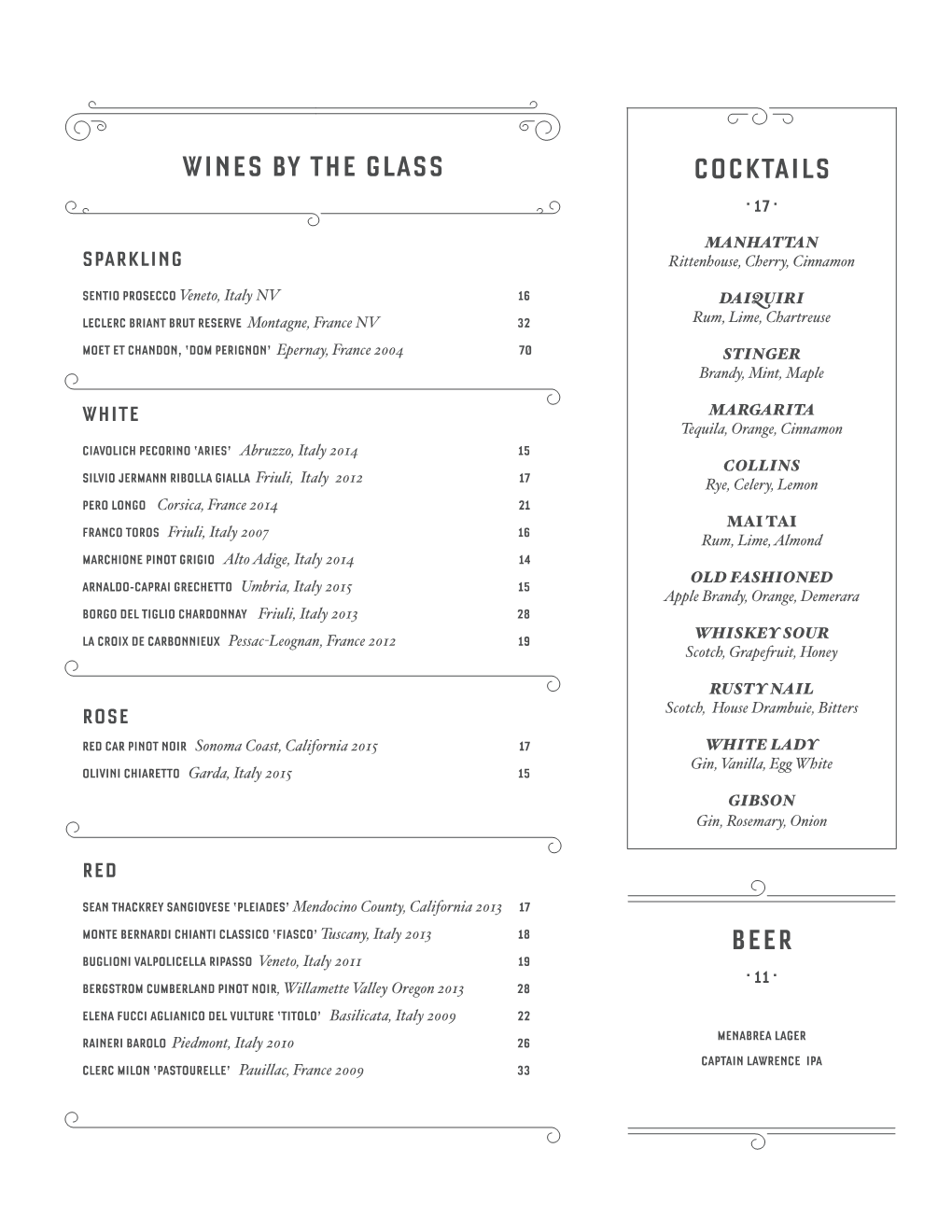 Wines by the Glass Cocktails Beer