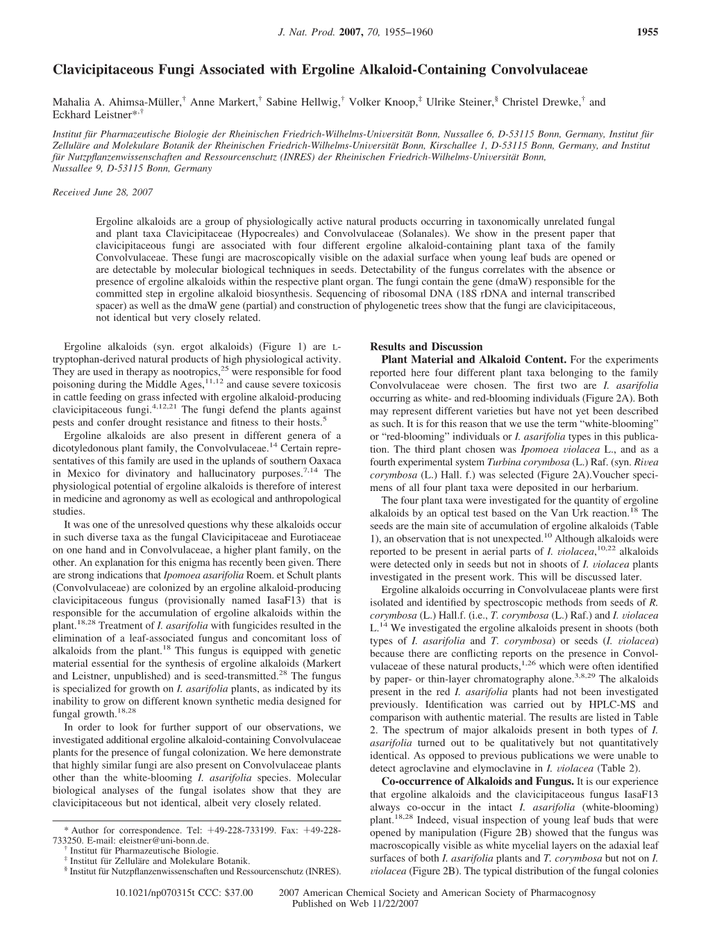 Clavicipitaceous Fungi Associated with Ergoline Alkaloid-Containing Convolvulaceae