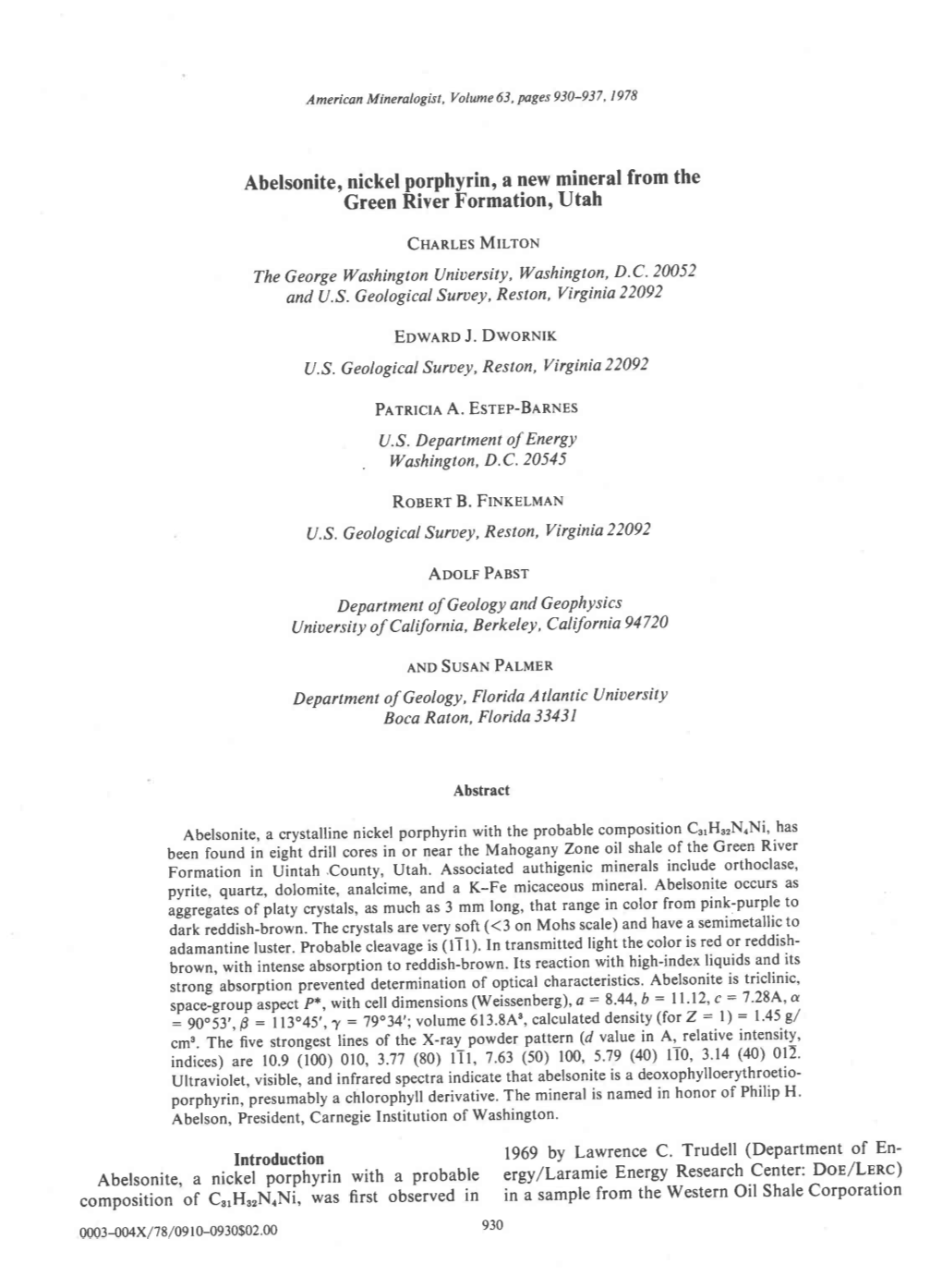 Abelsonite, Nickel Porphyrin' a New Mineral from the .Green River