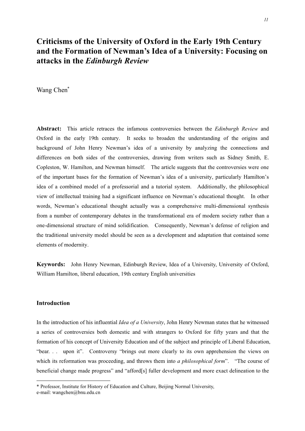 Criticisms of the University of Oxford in the Early 19Th Century and the Formation of Newman’S Idea of a University: Focusing on Attacks in the Edinburgh Review