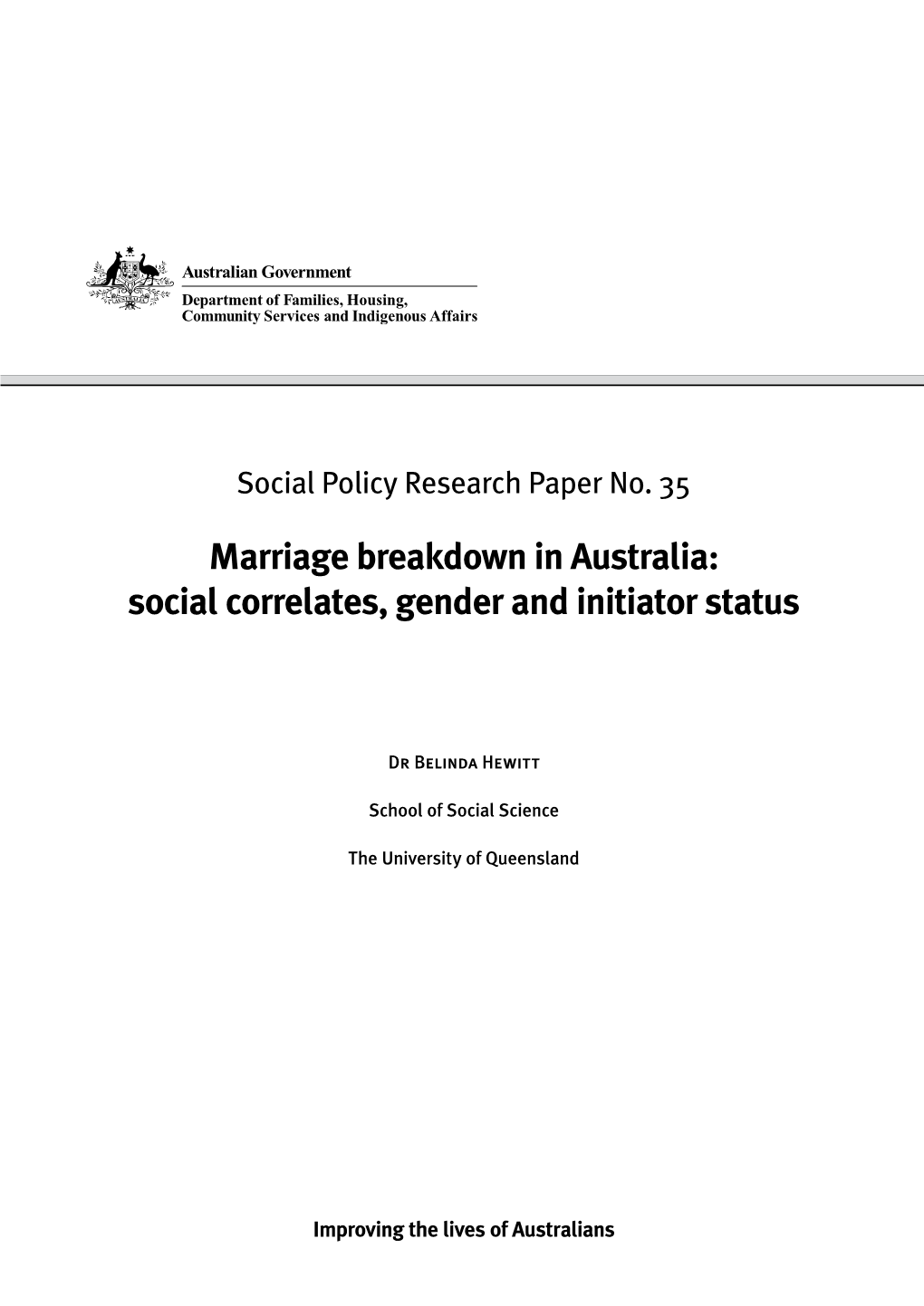 Marriage Breakdown in Australia: Social Correlates, Gender and Initiator Status