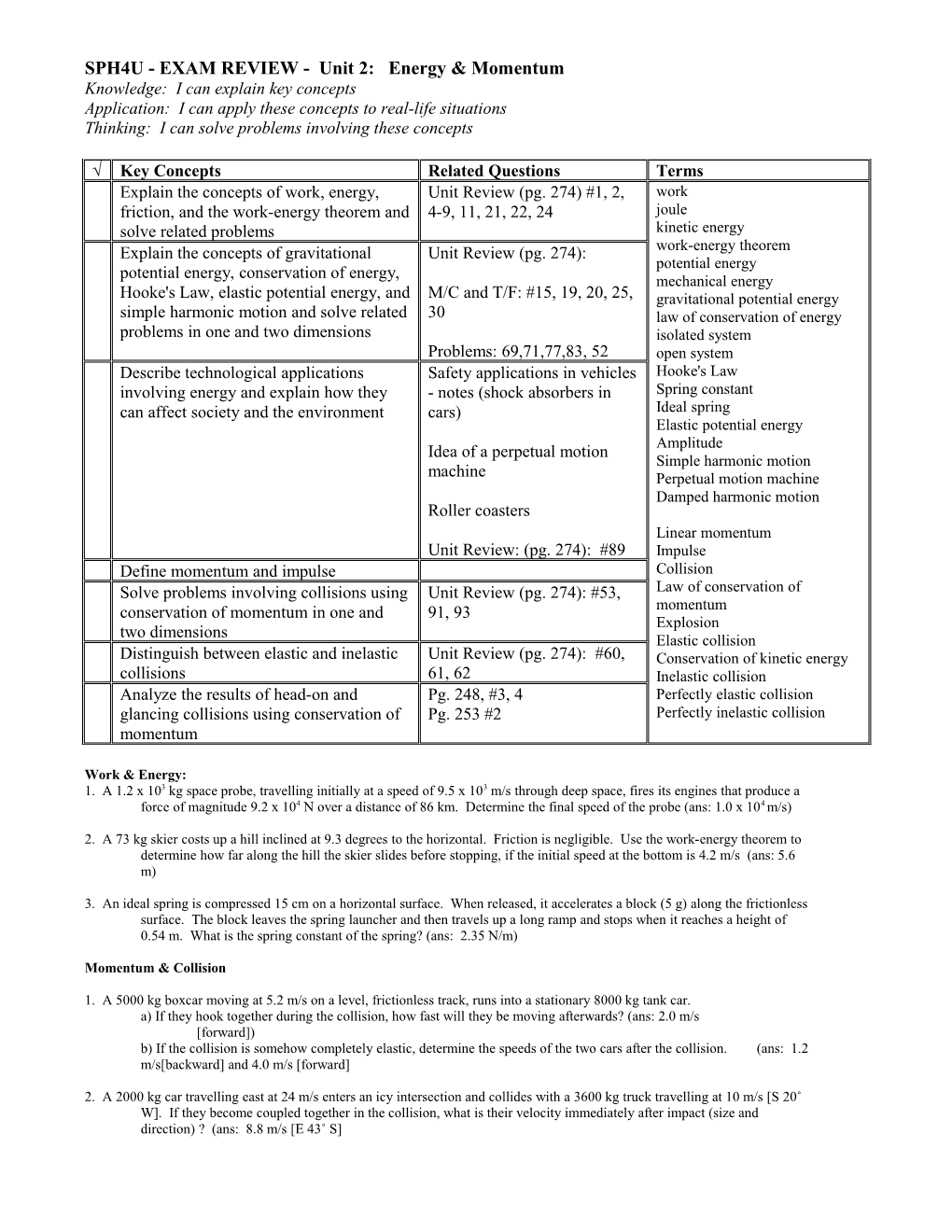 SPH4U - EXAM REVIEW - Unit 2: Energy & Momentum