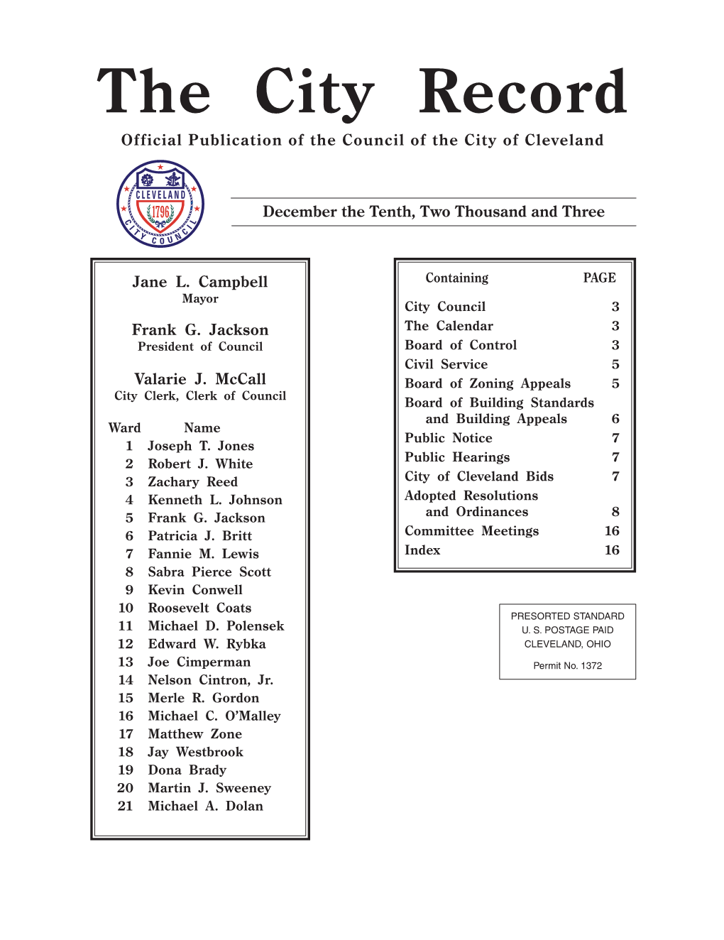 The City Record Official Publication of the Council of the City of Cleveland