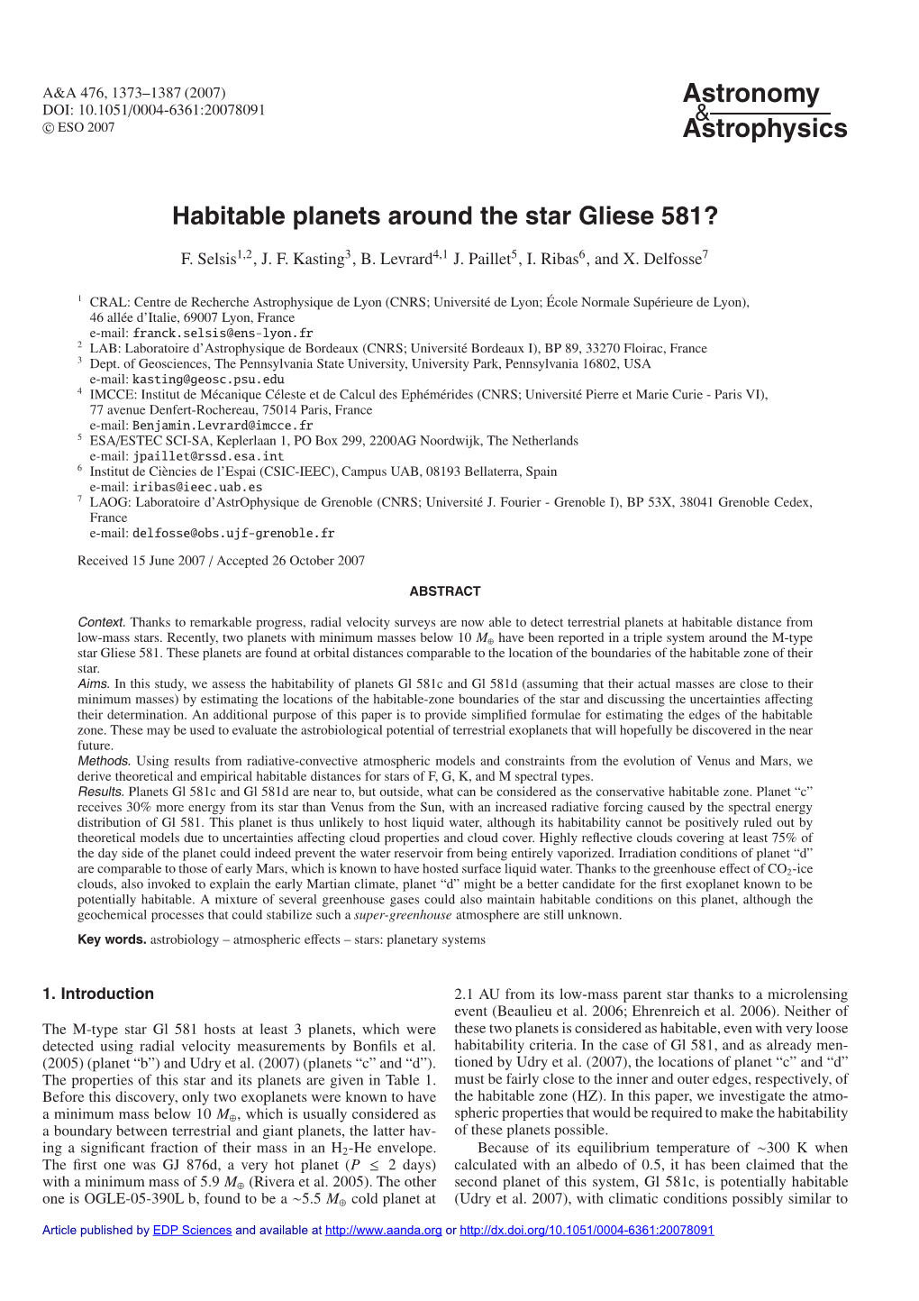 Habitable Planets Around the Star Gliese 581?