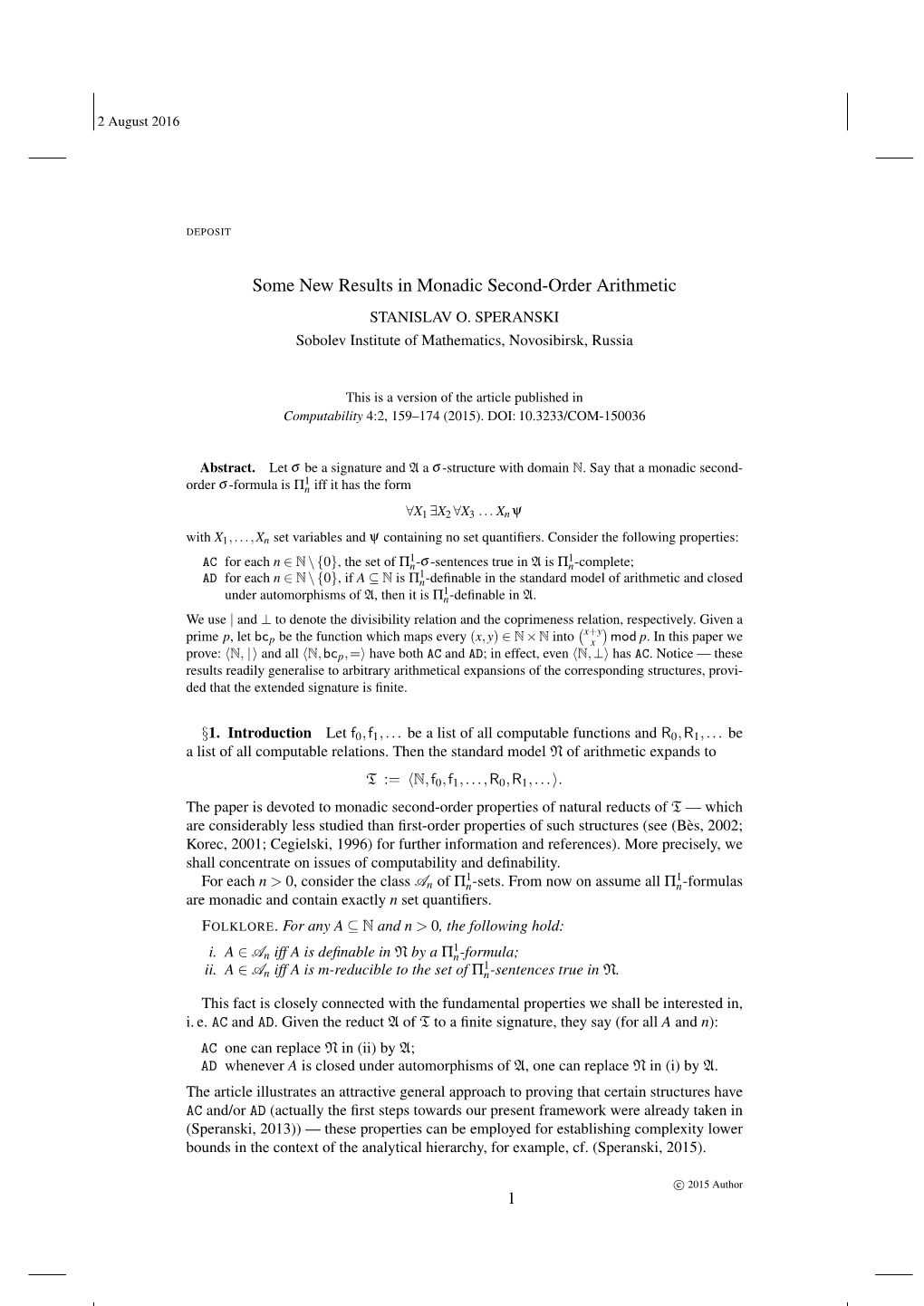 Some New Results in Monadic Second-Order Arithmetic STANISLAV O