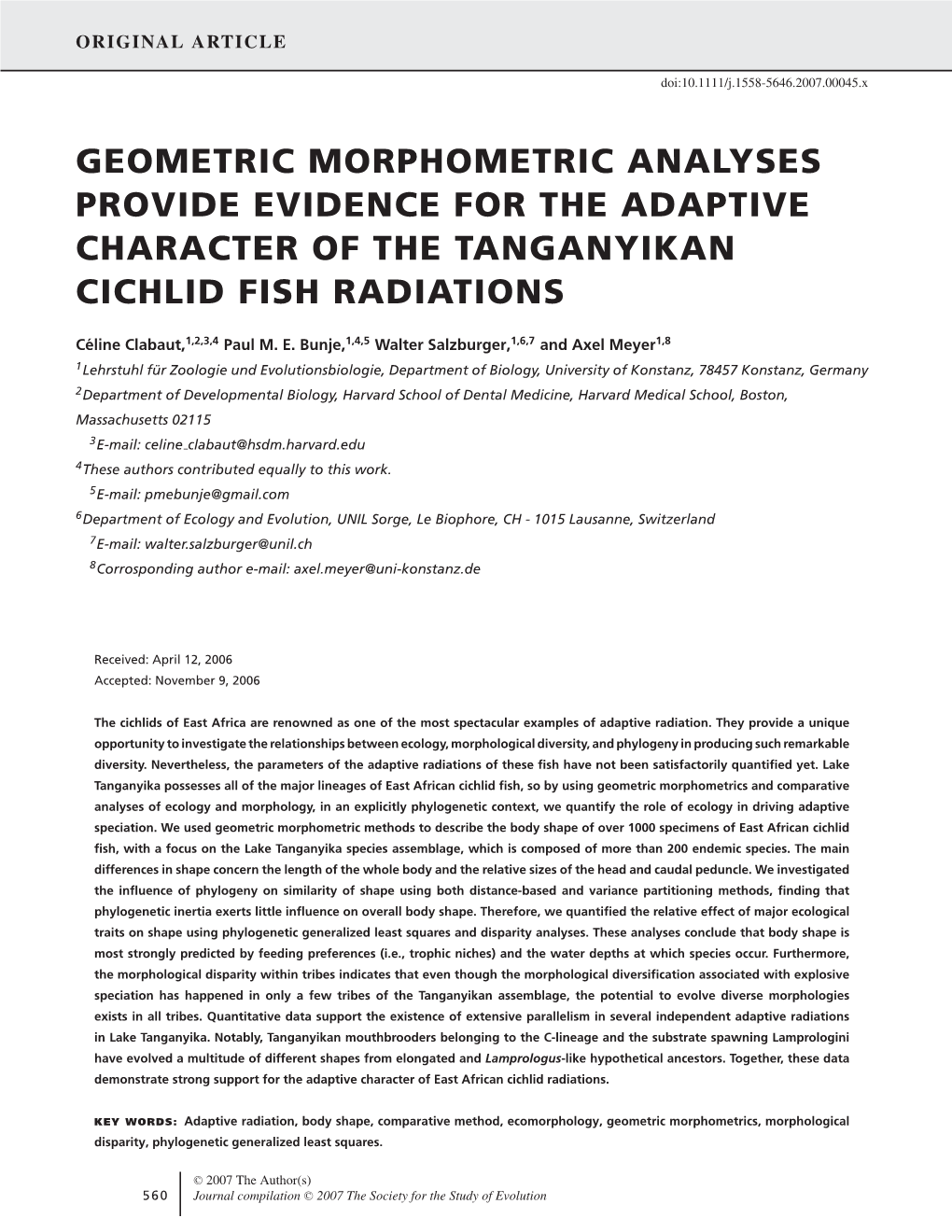 Geometric Morphometric Analyses Provide Evidence for the Adaptive Character of the Tanganyikan Cichlid Fish Radiations