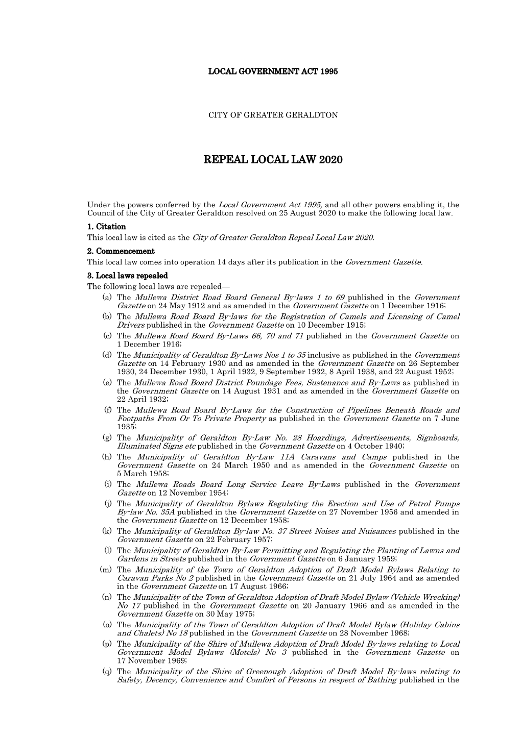 Cat Act 2011 Local Government Act 1995