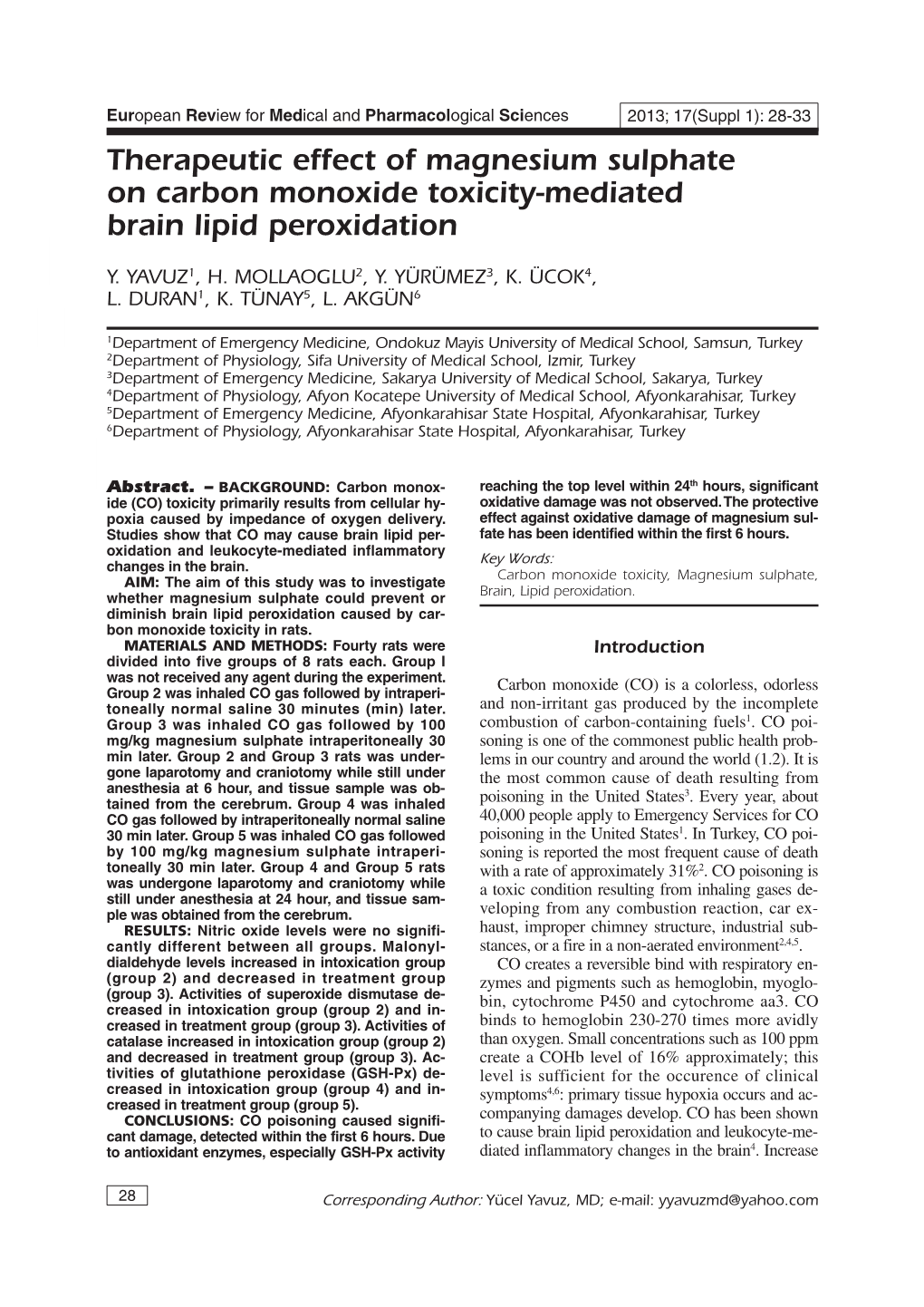 Therapeutic Effect of Magnesium Sulphate on Carbon Monoxide Toxicity-Mediated Brain Lipid Peroxidation