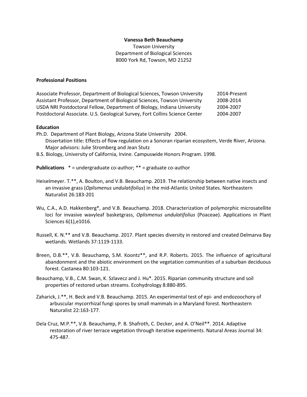 Vanessa Beth Beauchamp Towson University Department of Biological Sciences 8000 York Rd, Towson, MD 21252