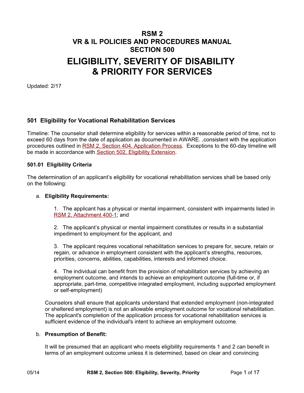 RSM 2, Section 500: Eligibility, Severity of Disability and Priority for Services