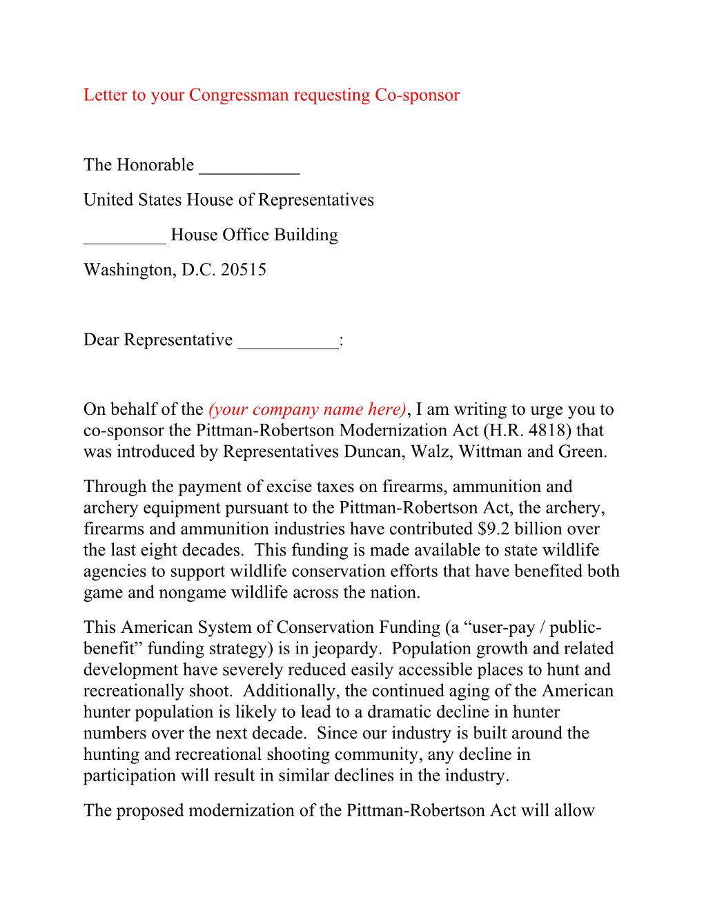 Letter to Your Congressman Requesting Co-Sponsor