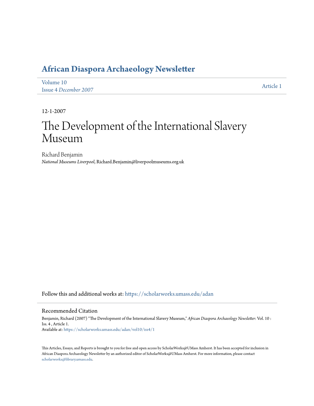 The Development of the International Slavery Museum