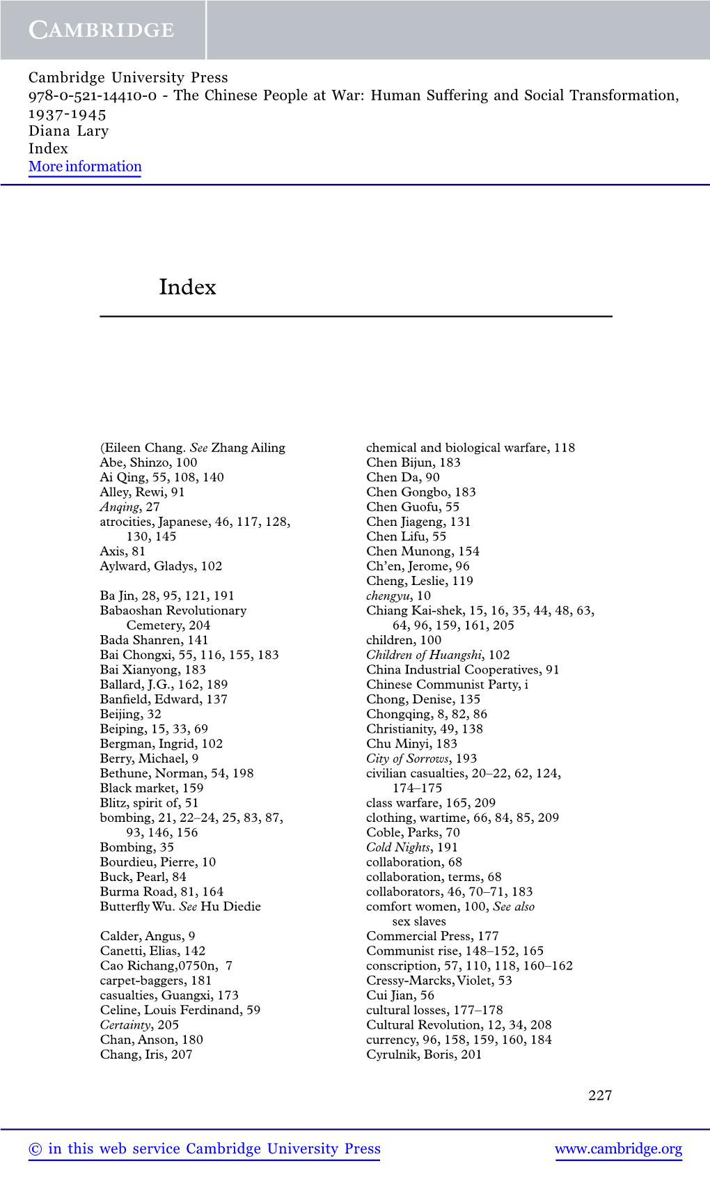 The Chinese People at War: Human Suffering and Social Transformation, 1937-1945 Diana Lary Index More Information