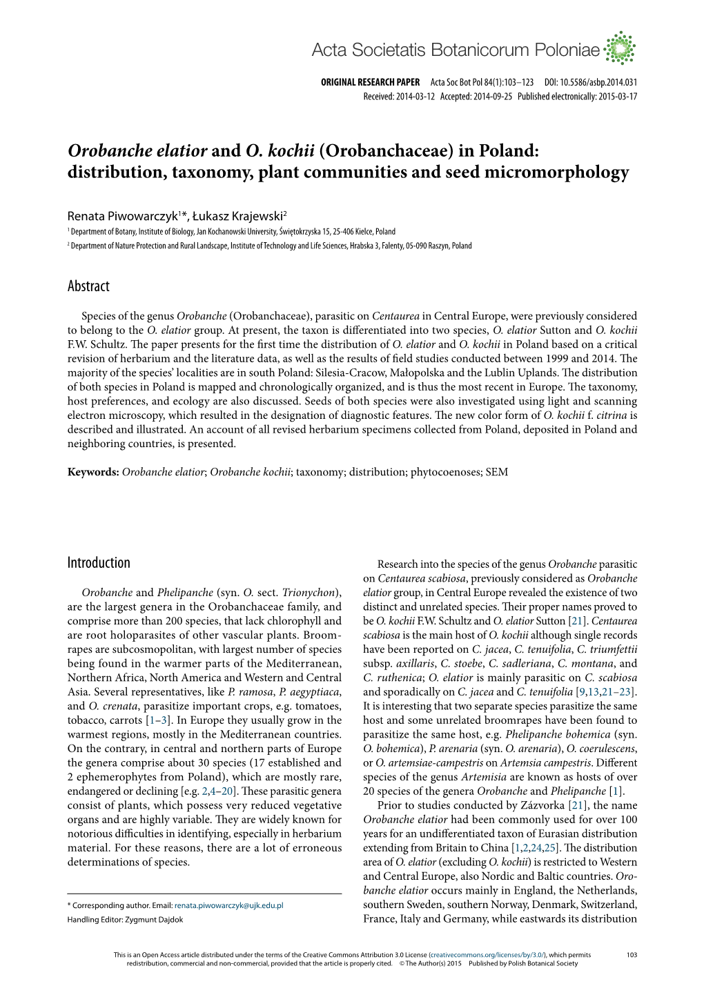 Orobanche Elatior and O. Kochii (Orobanchaceae) in Poland: Distribution, Taxonomy, Plant Communities and Seed Micromorphology