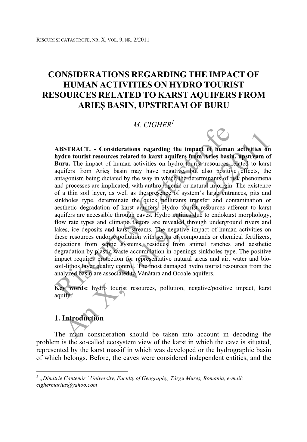 Riscuri Şi Catastrofe an X, Vol 9, Nr. 2/2011