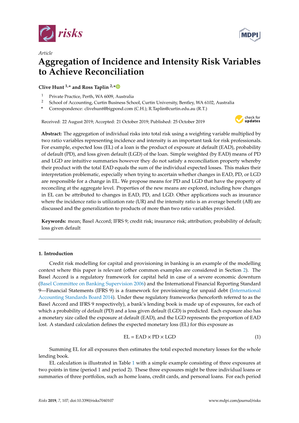 Aggregation of Incidence and Intensity Risk Variables to Achieve Reconciliation