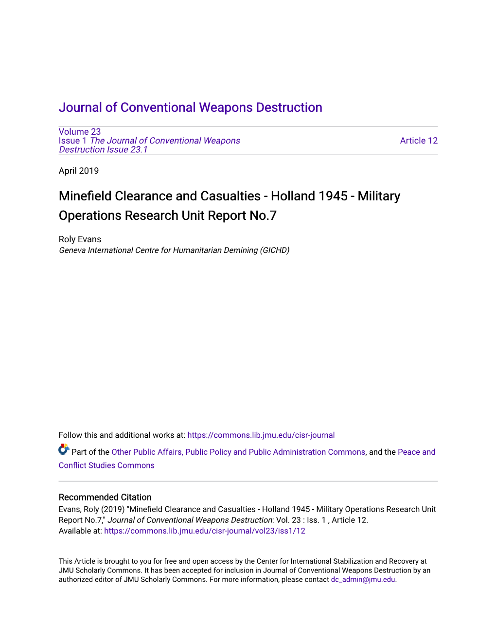 Minefield Clearance and Casualties - Holland 1945 - Military Operations Research Unit Report No.7