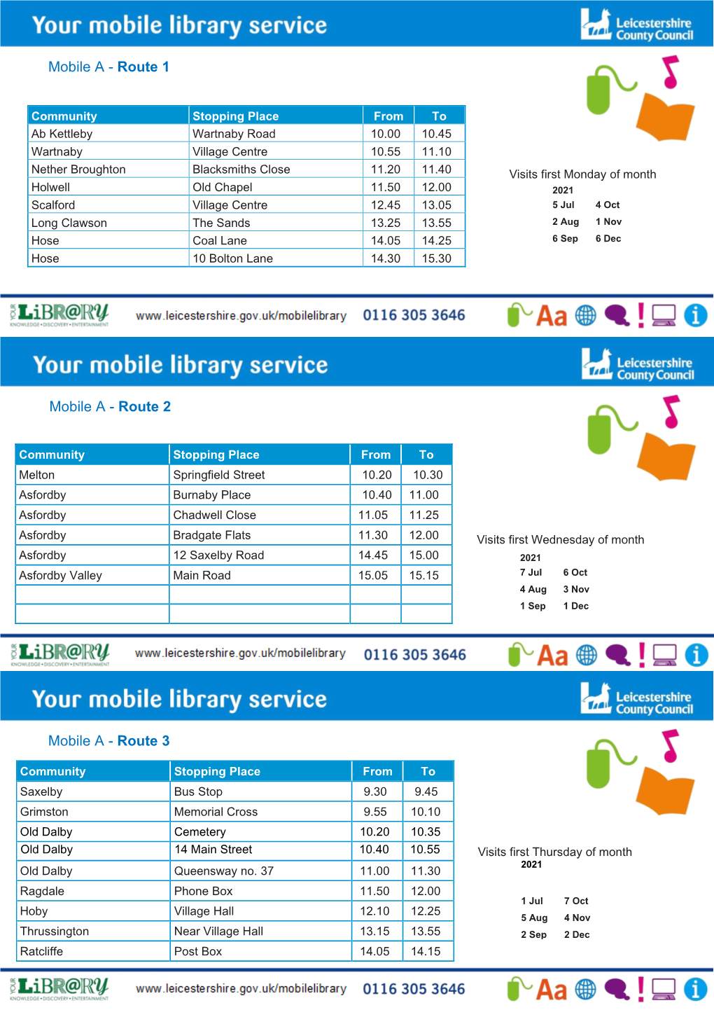 Mobile Library Timetables July to December 2021