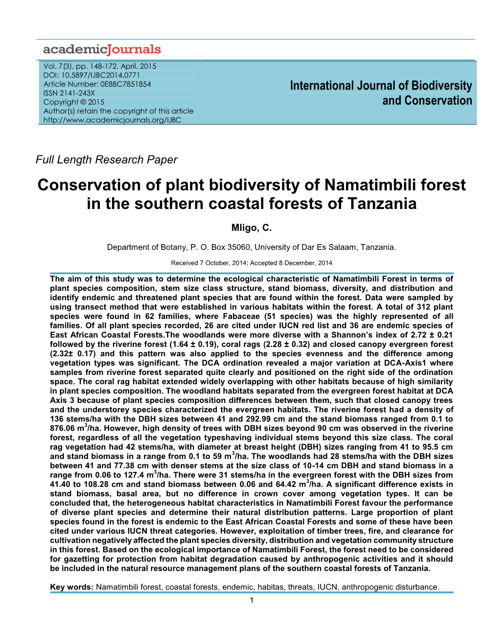 Conservation of Plant Biodiversity of Namatimbili Forest in the Southern Coastal Forests of Tanzania