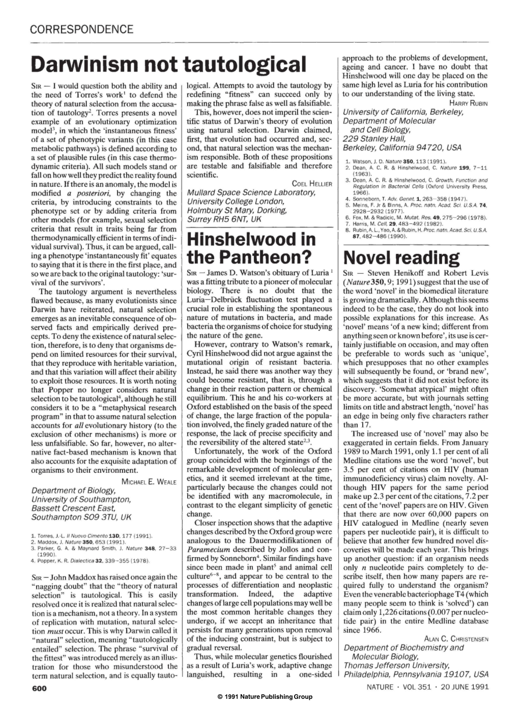 Darwinism Not Tautological Hinshelwood Will One Day Be Placed on the SIR - I Would Question Both the Ability and Logical