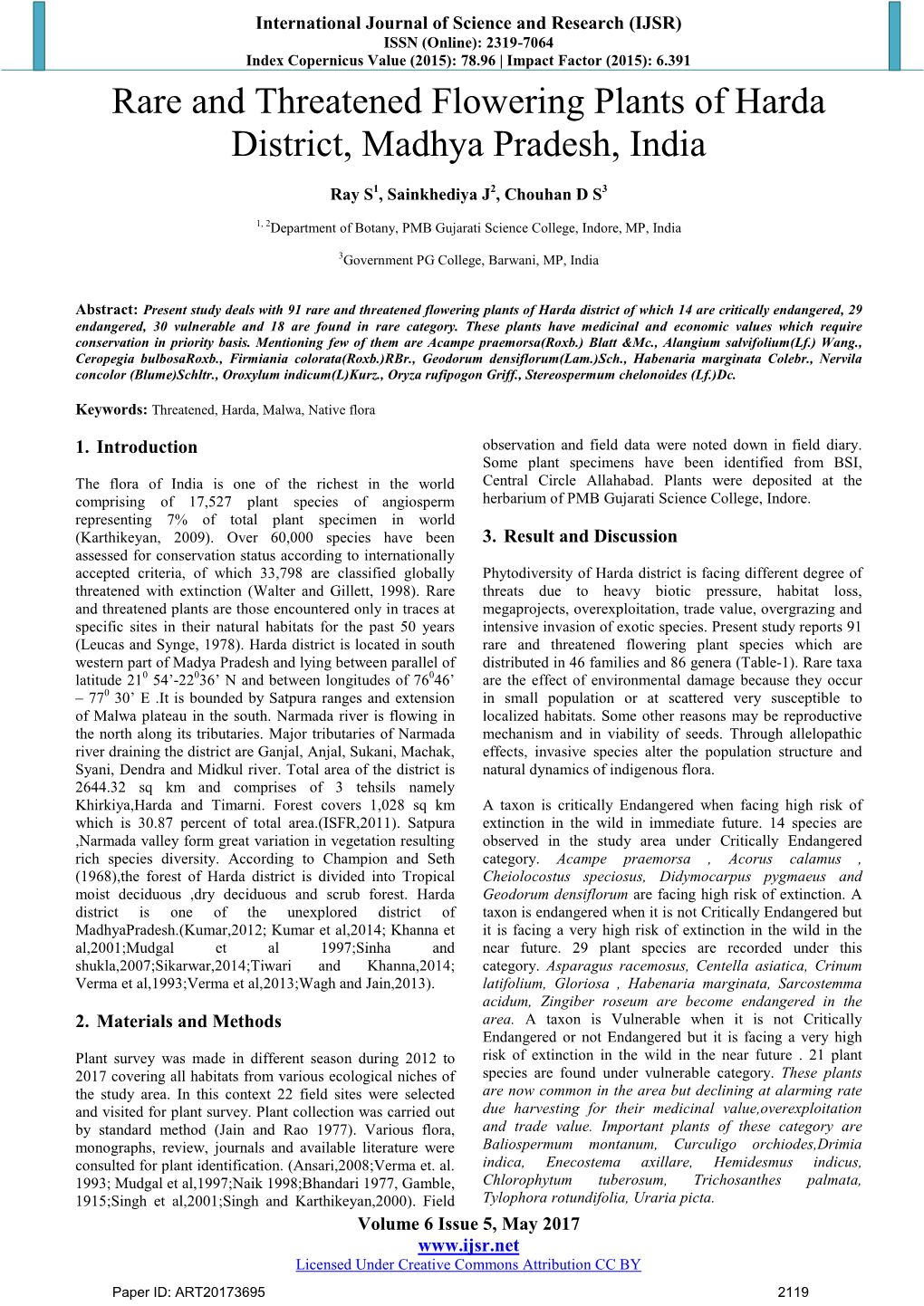 Rare and Threatened Flowering Plants of Harda District, Madhya Pradesh, India