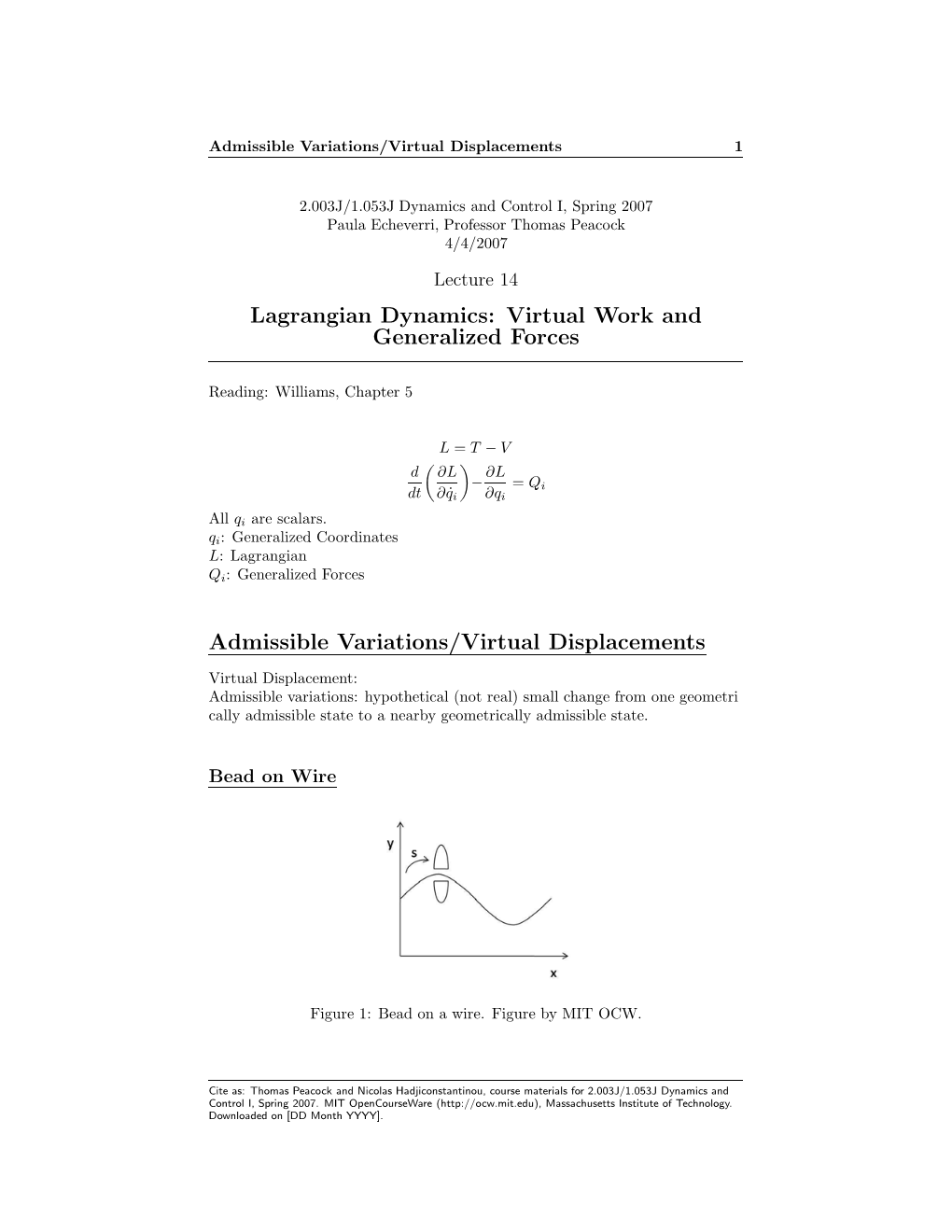 Lagrangian Dynamics: Virtual Work and Generalized Forces Admissible