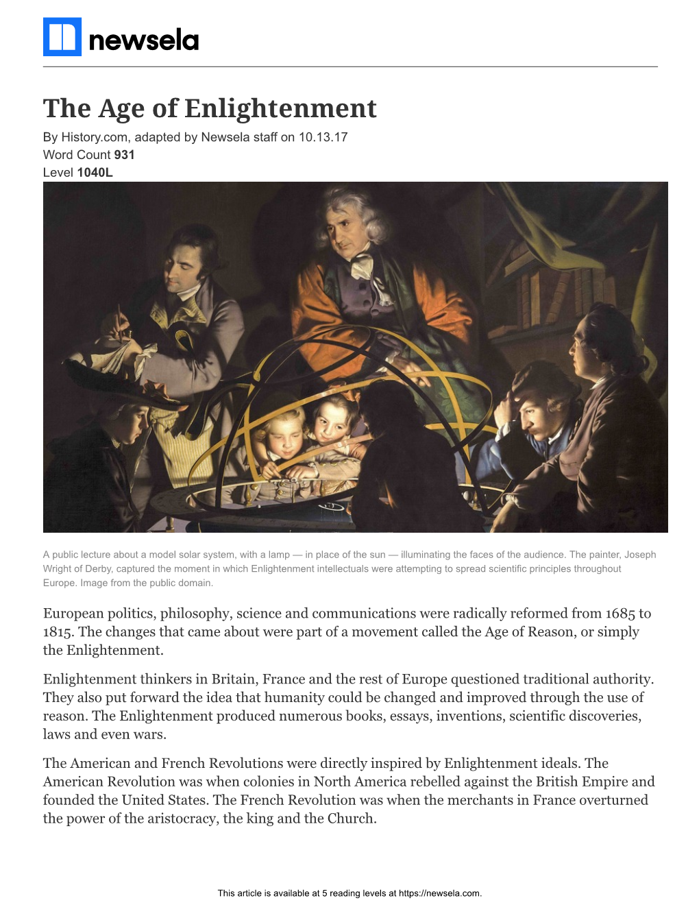 The Age of Enlightenment by History.Com, Adapted by Newsela Staff on 10.13.17 Word Count 931 Level 1040L