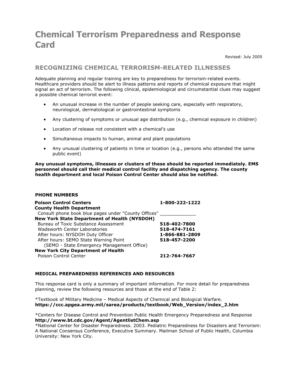 Chemical Terrorism Preparedness and Response Card