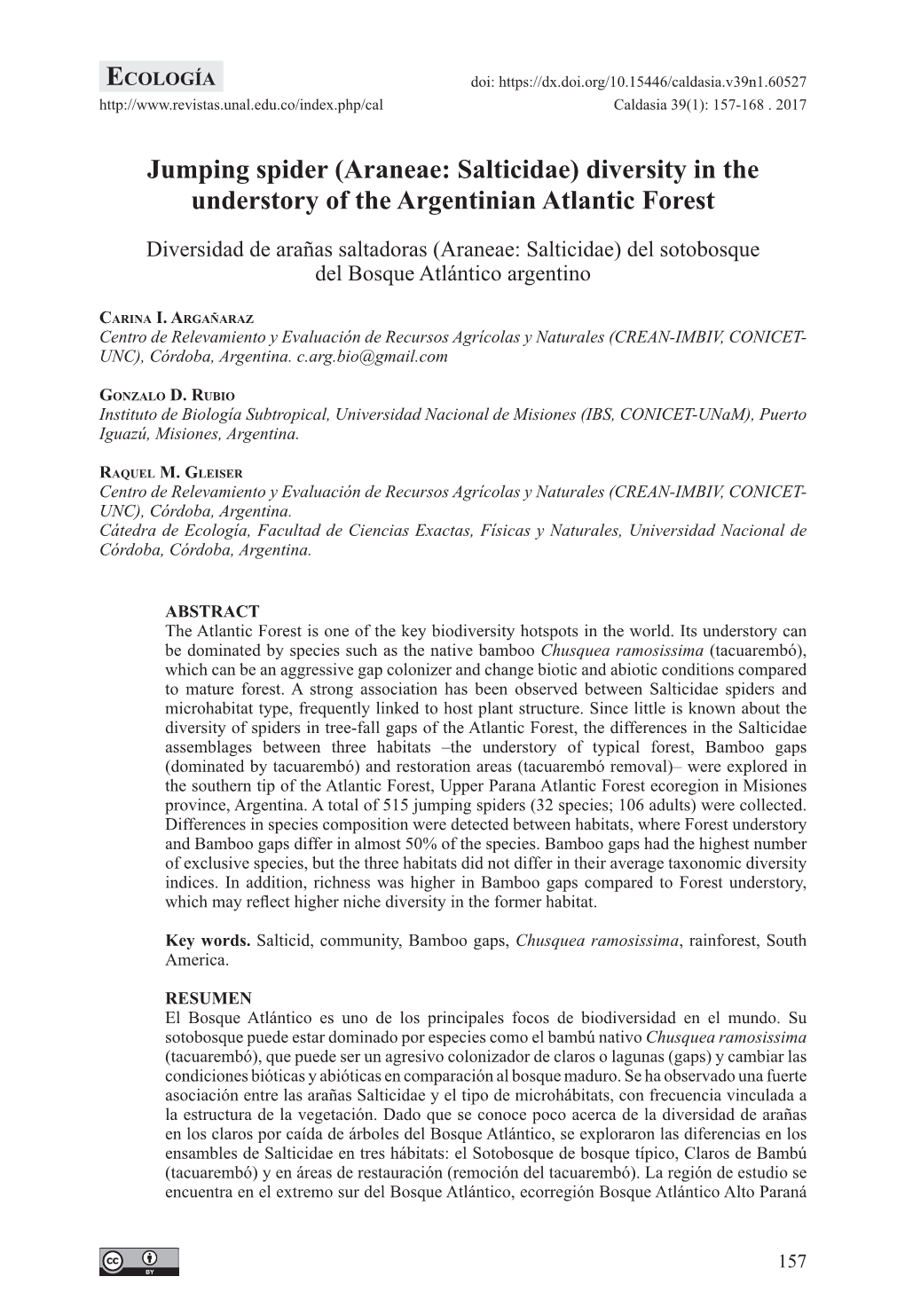 Jumping Spider (Araneae: Salticidae) Diversity in the Understory of the Argentinian Atlantic Forest