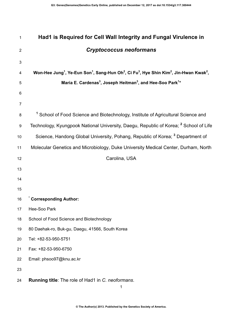 Had1 Is Required for Cell Wall Integrity and Fungal Virulence in Cryptococcus Neoformans