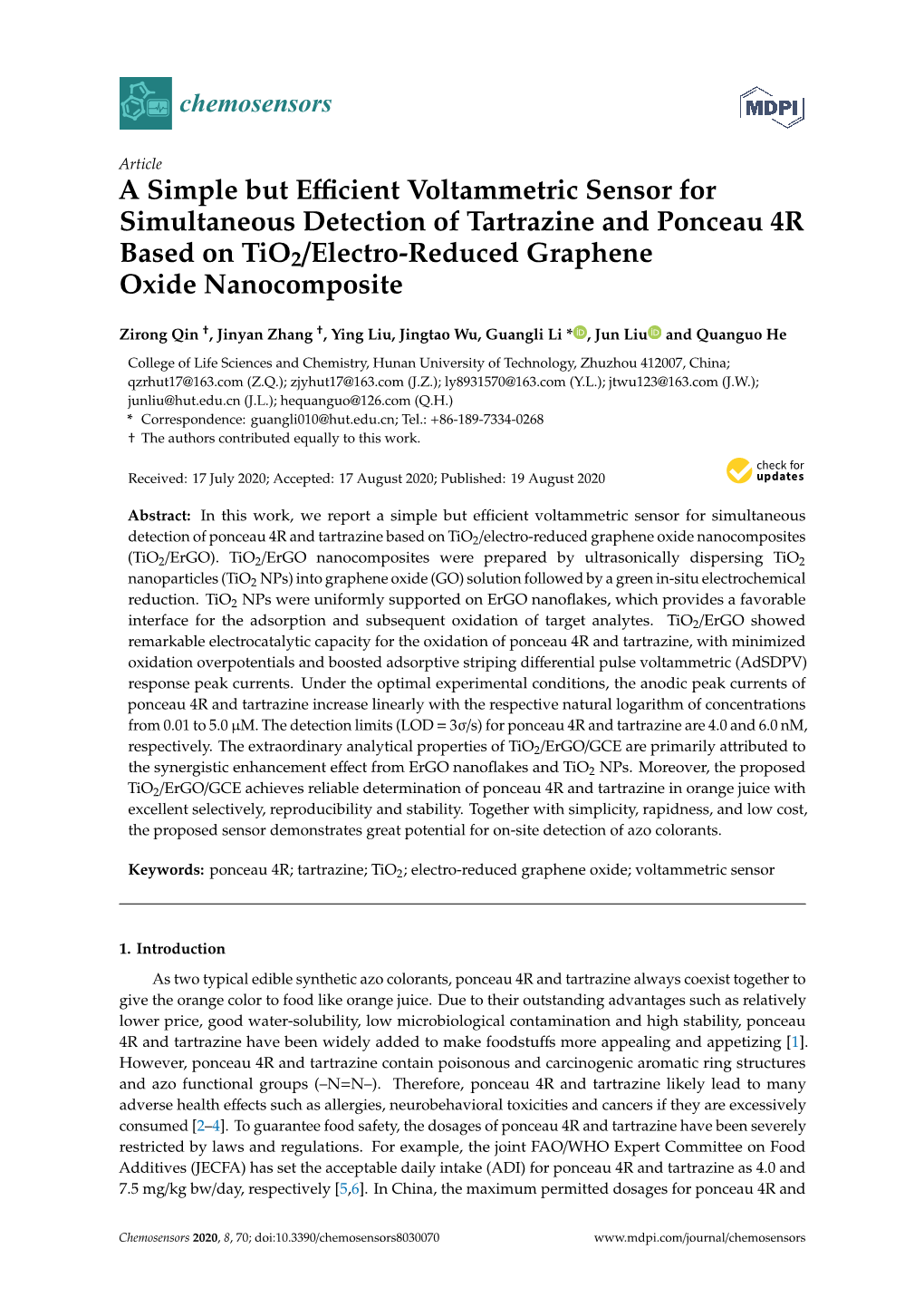 A Simple but Efficient Voltammetric Sensor for Simultaneous Detection of Tartrazine and Ponceau 4R Based on Tio2/Electro-Reduced