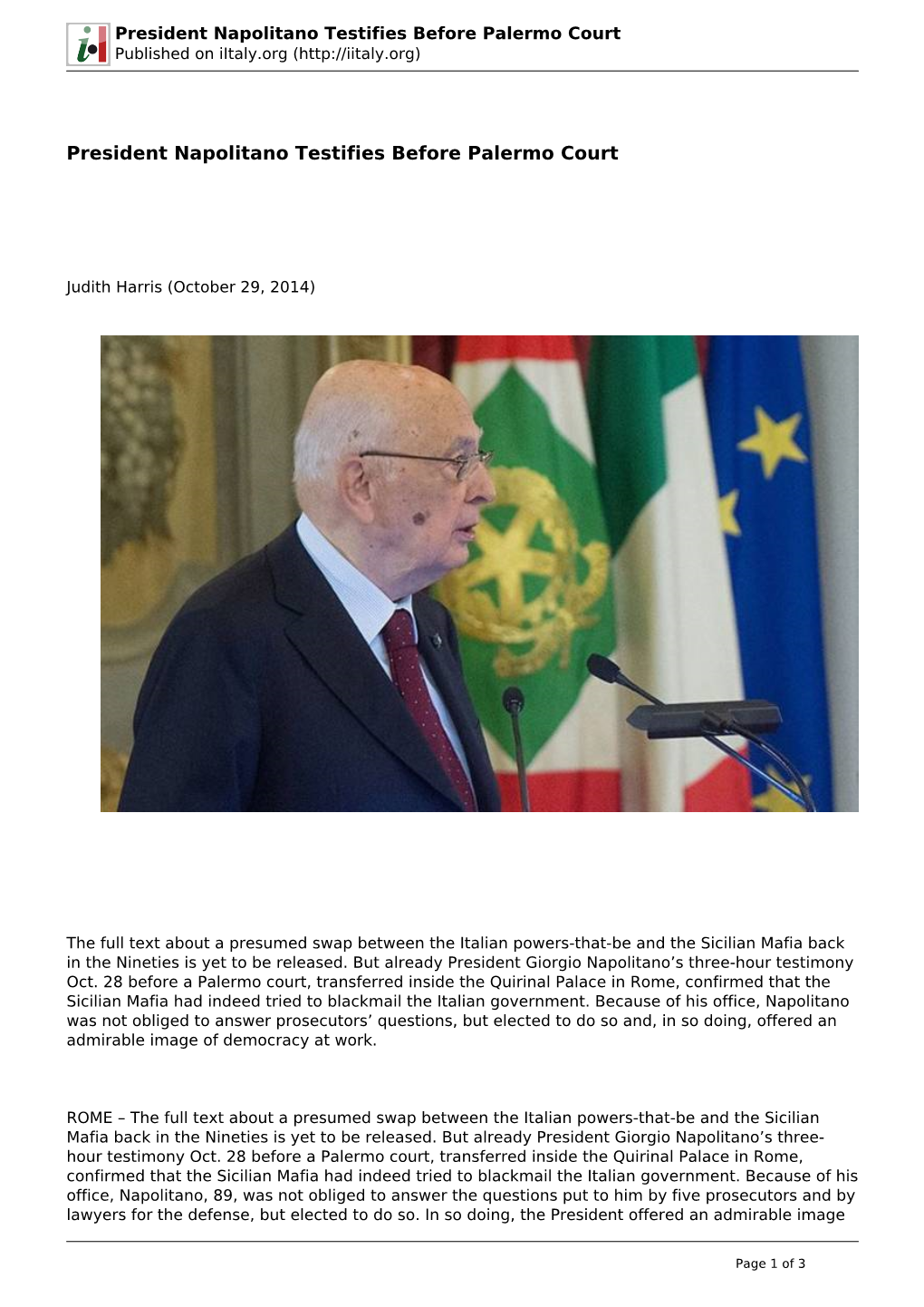 President Napolitano Testifies Before Palermo Court Published on Iitaly.Org (