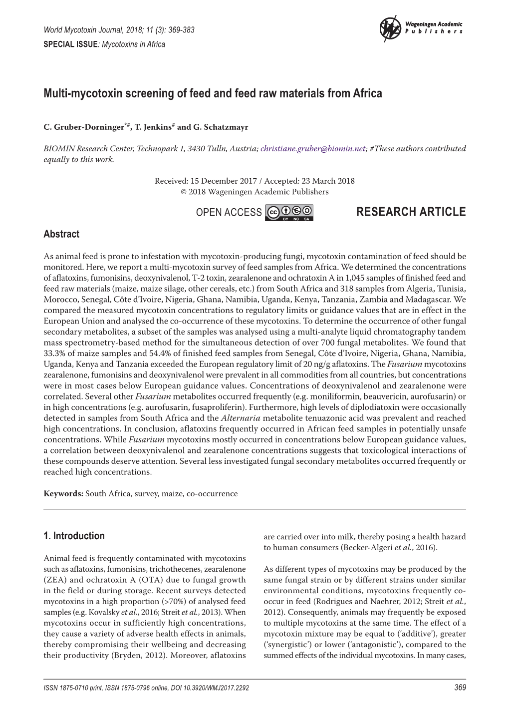 Multi-Mycotoxin Screening of Feed and Feed Raw Materials from Africa