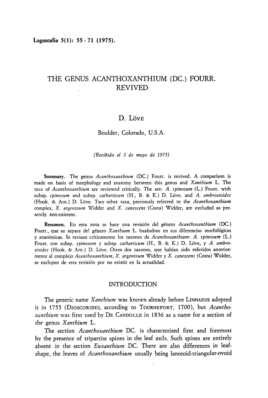 The Genus Acanthoxanthium (Dc.) Fourr