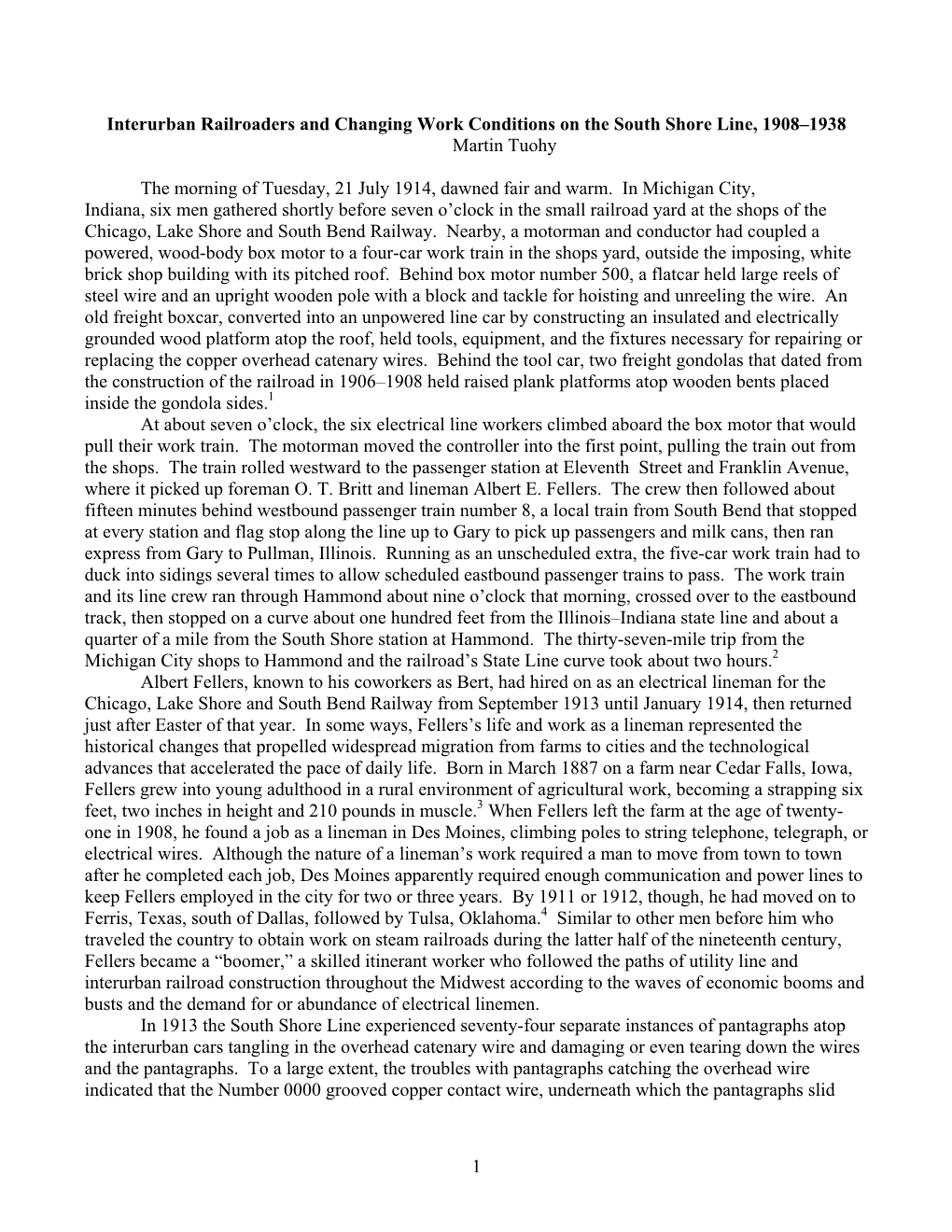 Interurban Railroaders and Changing Work Conditions on the South Shore Line, 1908–1938 Martin Tuohy
