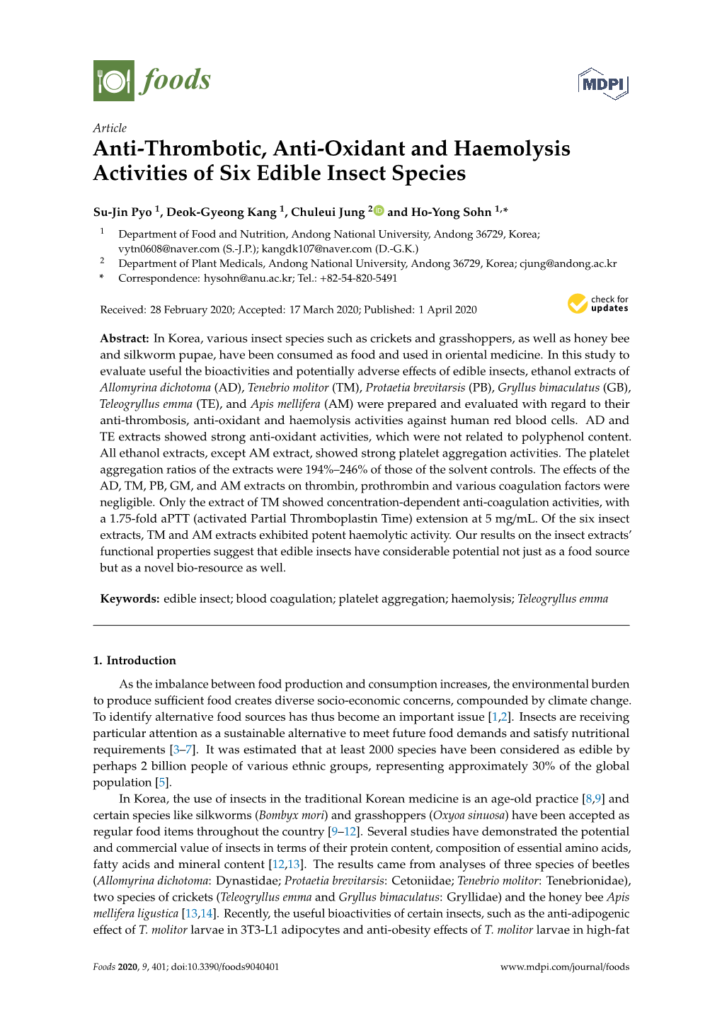 Anti-Thrombotic, Anti-Oxidant and Haemolysis Activities of Six Edible Insect Species